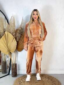 Women's Crystal Velvet Set With Hood And Zipper, Pants With Pocket, Cold Weather, Autumn/Winter - 駝色 - 查看 1
