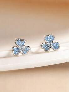 S925银鸢尾花5A级锆石耳钉，优雅低敏，适合耳洞佩戴，生日/圣诞礼物，附赠首饰盒 - 銀色 - 查看 3
