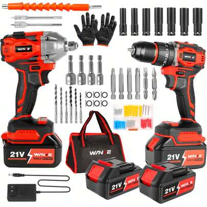 Kit de destornillador de impacto y llave de impacto sin escobillas: adopta motor sin escobillas, está equipado con dos baterías de gran capacidad, cuenta con alto torque de 450 N.m,Tiene 3 Funciones De Perforación/Atornillado/Perforación Con Martillo y iluminación LED,siendo adecuado para reformas hogareñas, reparaciones automotrices y construcción ligera.