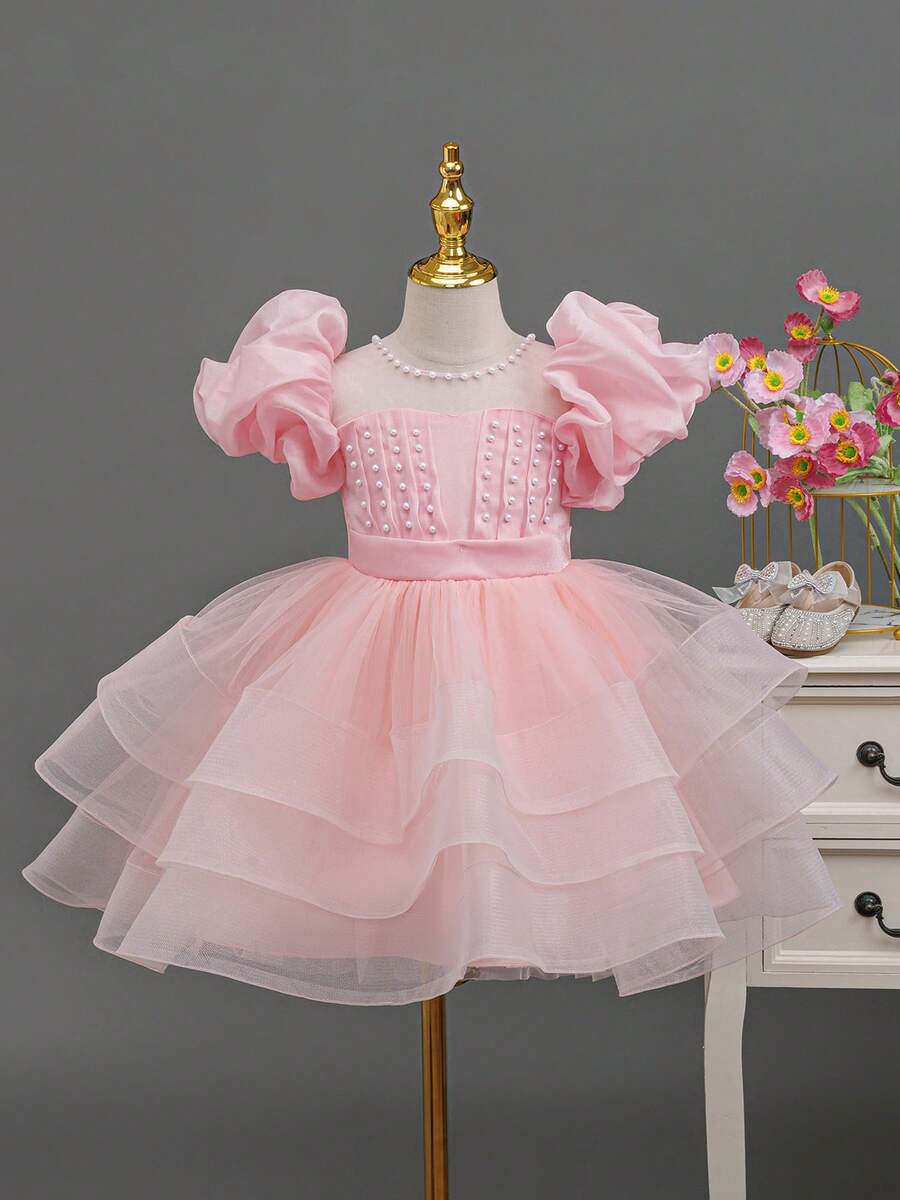 Children's Princess Dress, New Girls' Party Dress, Puff Sleeves, Bow Tie, Handmade Beaded, Tulle Puffy Skirt Dress, Little Girl Flower Girl Wedding Piano Recital Dress - Pink - View 1