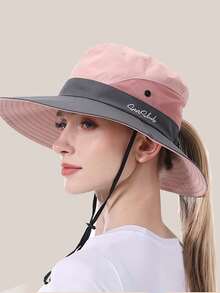 1pc Women's Ponytail Sun Hat, UV Protection, Foldable Mesh Wide Brim Beach Fishing Hat - Style 1 - View 4