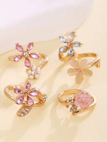 4件套优雅粉色渐变玫瑰花戒指，仿珍珠和水晶花瓣戒指套装，女士款 - 金色 - 查看 3