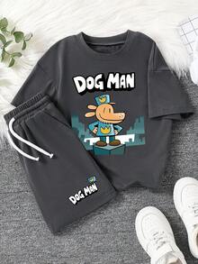Conjunto informal de camiseta de manga corta con estampado de letras y dibujos animados, y pantalones cortos para niño pequeño - Gris Oscuro - Ver 1