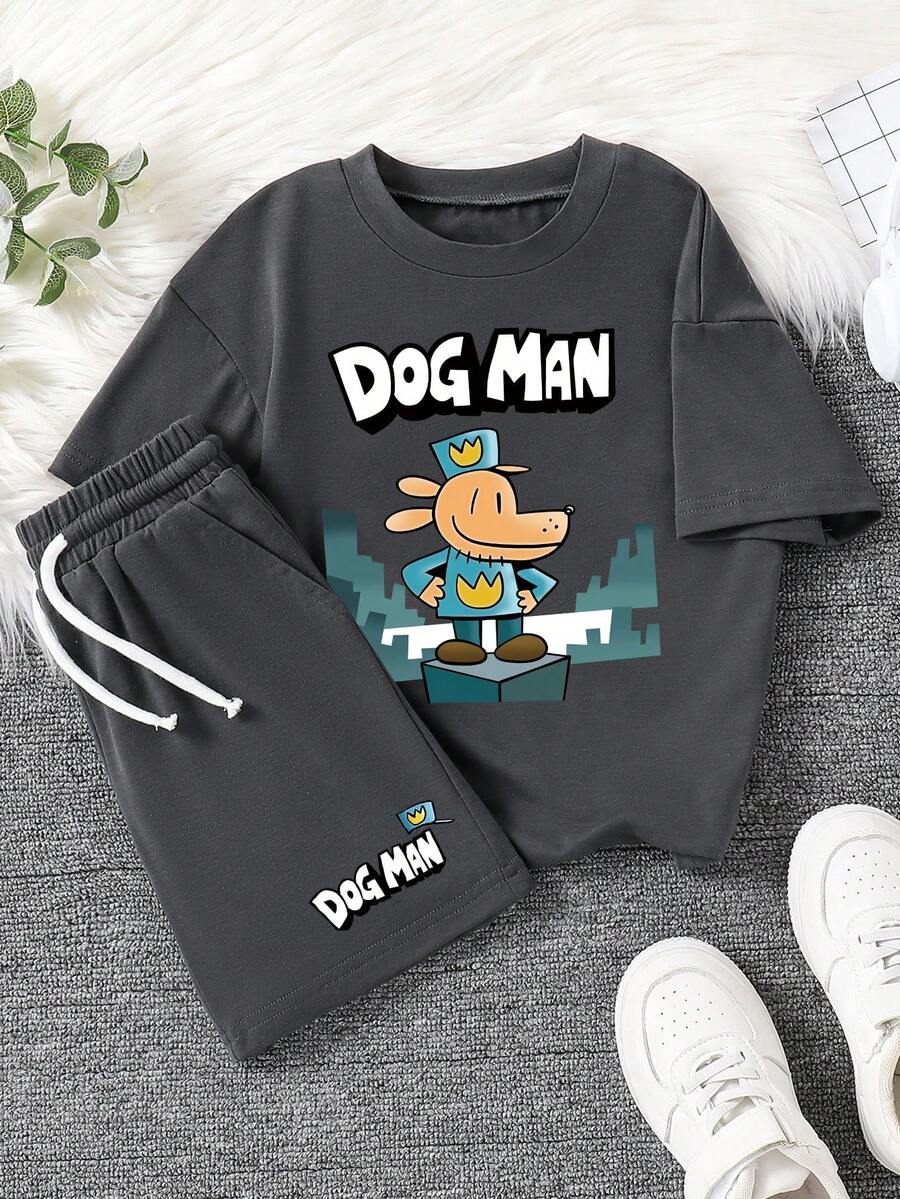 Conjunto informal de camiseta de manga corta con estampado de letras y dibujos animados, y pantalones cortos para niño pequeño - Gris Oscuro - Ver 1