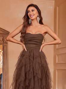 Faeriesty Romantic Strapless Wedding Dress, Layered Ruffle Tulle A-Line Silhouette, Suitable For Classic Weddings, Graduations, Galas, Birthdays And Other Occasions - Brown - View 8