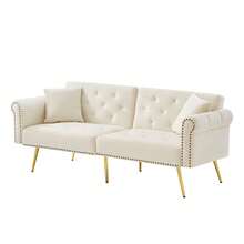 Modern 2-Seater Sofa Bed – Velvet Upholstery, 3-Position Reclining Backrest, And Gold Metal Legs. Elegant Convertible Sofa – Space-Saving, Durable, Ideal For Small Spaces. - Beige + Foam + 2 Seats - View 6