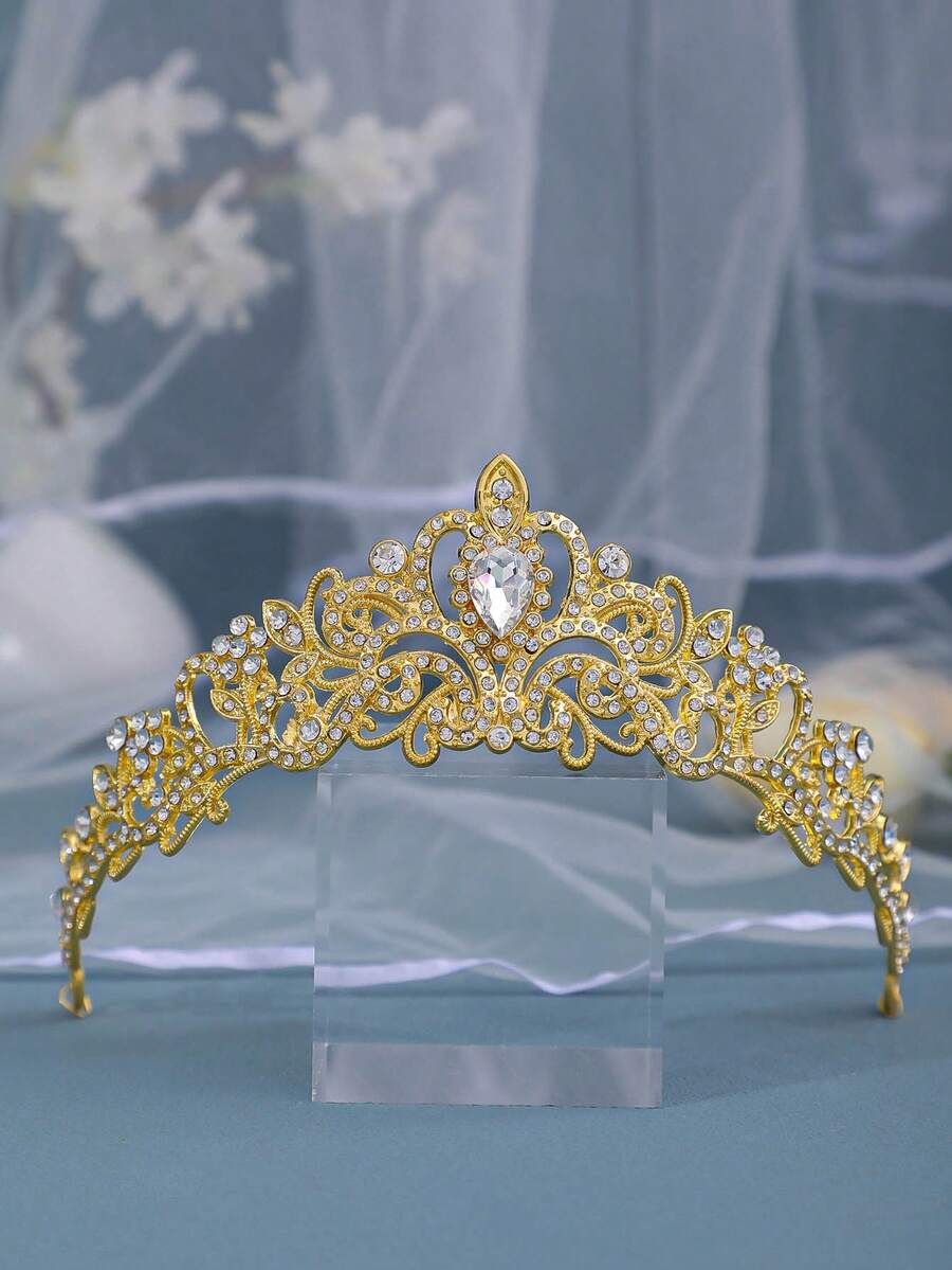 1件优雅女士水晶皇冠发饰，公主风皇冠新娘婚礼派对生日头饰 - 黃色 - 查看 1