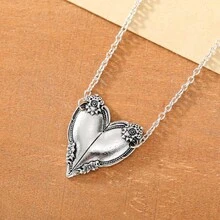 Mặt dây chuyền hình trái tim cổ điển, mặt dây chuyền chạm khắc hoa dành cho nữ, trang sức phong cách Bohemian sáng tạo, vòng cổ kỷ niệm tối giản đeo hàng ngày. - Bạc - Xem 2