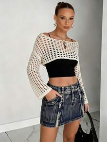 度假风露肩钩针编织上衣，女士镂空长袖街头风上衣 - 卡其色 - 查看 3