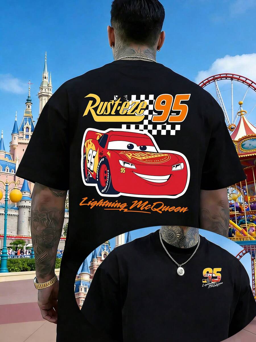 Disney Cars Lightning McQueen Rust-Eze 95 Graphic T-Shirt, Casual Loose Crew Neck Men's Short-Sleeved Top, Racing Style, Suitable For Outings, Outdoor Sports, Parties, Dates, And Other Men's Clothing. - Black - View 1
