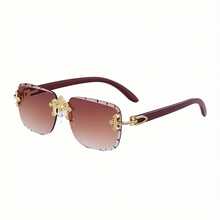 New Vintage Frameless Glasses For Men, Featuring Diamond-Cut Edges And Faux Wood Grain Temples - 透明的 - 查看 6