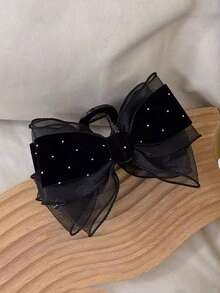 1pc Women's Black Mesh Rhinestone Bowknot Hair Clip,Elegant High-End Oversized Hair Accessory Suitable For Daily Wear,Holidays - Black - View 12