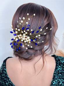 1pc Blue Crystal Rhinestone & Faux Pearl Handmade Bridal Hair Comb, Suitable For Wedding Party - Multicolor - View 3