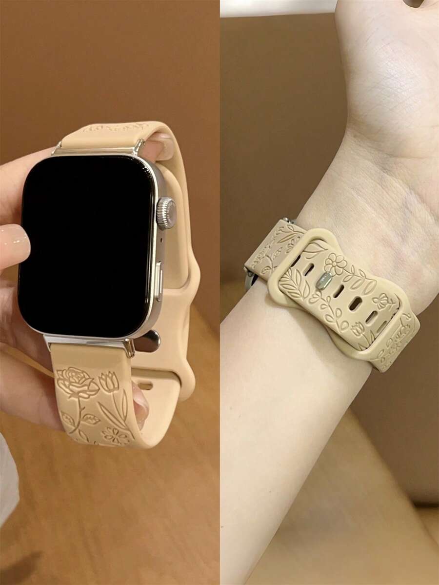 1条女士玫瑰图案硅胶表带,适用于华为Watch Fit 1/Fit 2/Fit 3/Fit 4/Fit 4Pro腕带 - 杏色 - 查看 1