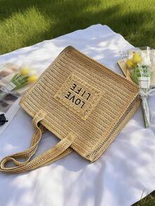 Straw Fashion Tote Bag, Women's Shoulder Bag, Large Capacity, Beach Bag, Letter Woven Oversized Bag - Khaki - View 6