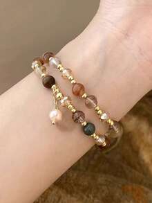 6pcs Fashion Pearl Beaded Bracelet For Girls, Elegant High-End Multi-Layer Elastic Bracelet Accessories - White - View 10