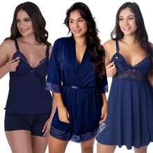 Kit Amamentação com Robe Camisola e Baby Doll Maternidade Gestante 3 Peças Pós Parto de Microfibra e Renda - Azul - Visão 2