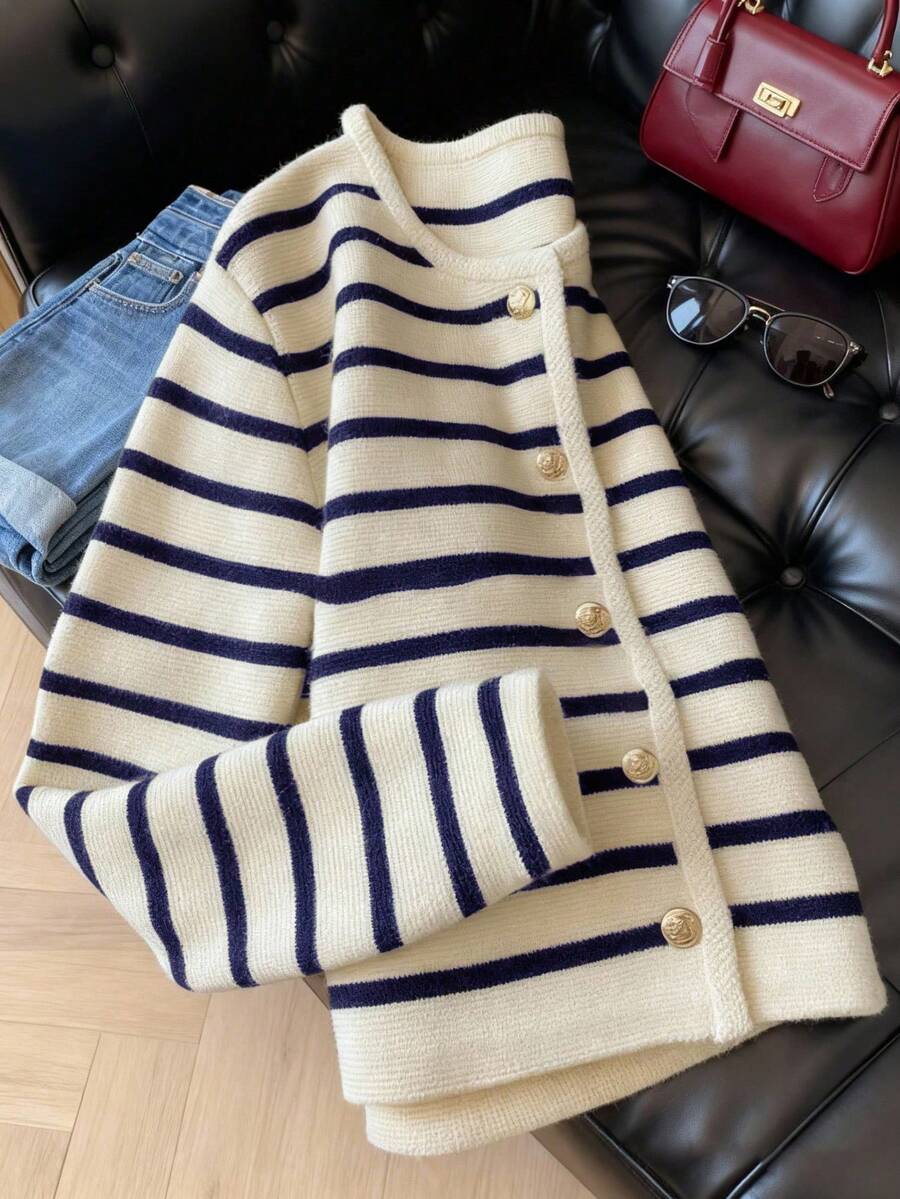 Áo khoác cardigan dệt kim cổ tròn kẻ sọc thanh lịch, áo len thường ngày đa năng, áo khoác công sở phong cách retro dành cho nữ, mùa thu. - Màu xanh hải quân - Xem 1