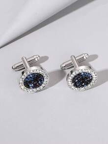 2pcs Creative Round Rhinestone French Cufflinks, Fashionable Luxurious Charm Men's Cufflinks For Wedding Suit - Blue - View 4