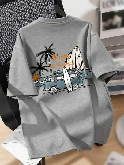 男童沙滩印花圆领T恤，春夏休闲柔软上衣。圆领T恤，适合上学、度假和购物。