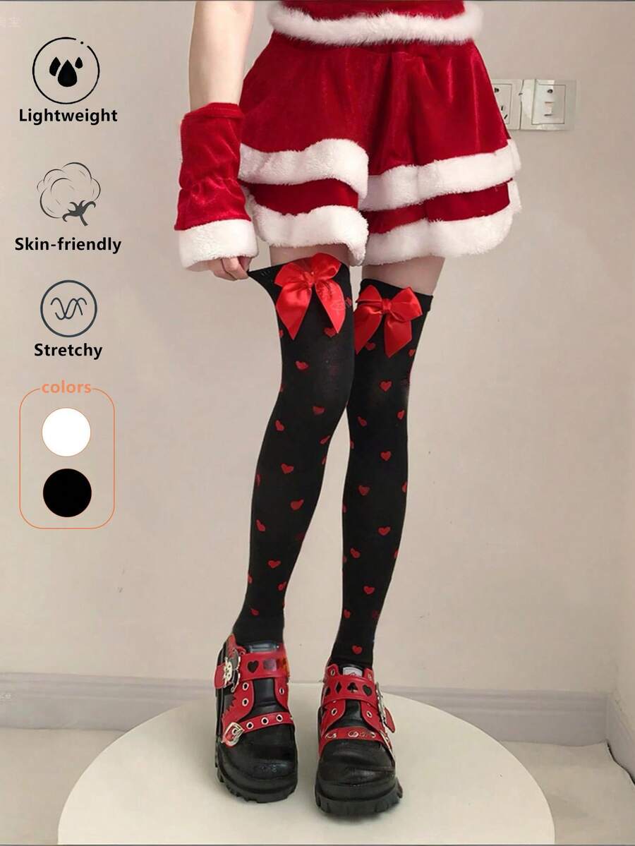 1 Pc Japanese Lolita Bow Over-The-Knee Socks, Fashionable & Sweet Heart Print Thigh High Stockings - Multicolor - View 1