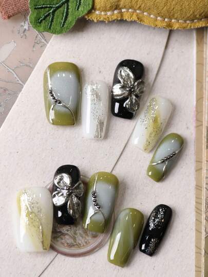 10pcs Press On Nails Nails Press On Nail Supplies Green Black Golden Flower Fake Nails Short Office DailyWear False Nails Artificial Nails Kit Includes 1sheet Adhesive Tabs &1 Pc Mini File Handmade Press On Nails