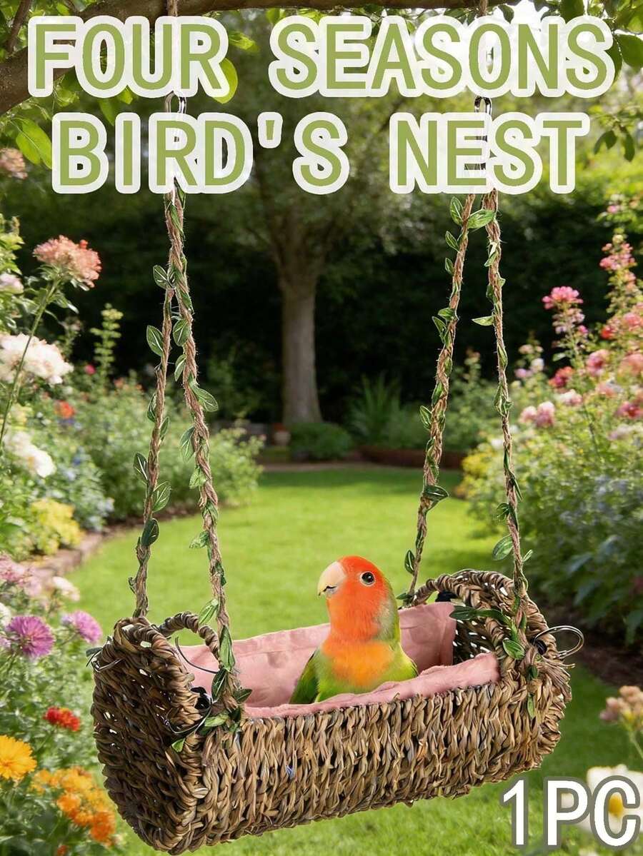 All-Season Parrot Nest Pad - Suitable For Parrot And Parakeet Rattan Swing Bed Toys. Woven Hanging Hammock Suitable For All Seasons, Parrot Hanging Hammock Swing, Handwoven Bird Nest, Hanging Bed Chair, Seaweed Woven Hanging Bed, Year-Round Bird Nest, Warm Bird Nest Hammock, Hooked Rattan Swing, Bird Cage Accessories. - A - View 1