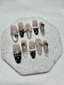 10pcs Y2K Black & Pink Bow Polka Dot French Press-On Nails, Cute 3D Cat Eye, Pearl, Blush Almond Fake Nails With 1pc Jelly Sticker & 1pc Nail File - Dusty Pink - View 3