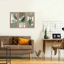 1set Fresh Green Wooden Rectangular Wall Decoration Sign, Geometric Hollow Lines And Plant Leaf Splicing Triple Decoration, Modern Art Home Entrance Background Wall Decoration, Natural Style Indoor And Outdoor Wall Art Decoration, Home Decoration (DIY Paste) - Multicolor - View 3