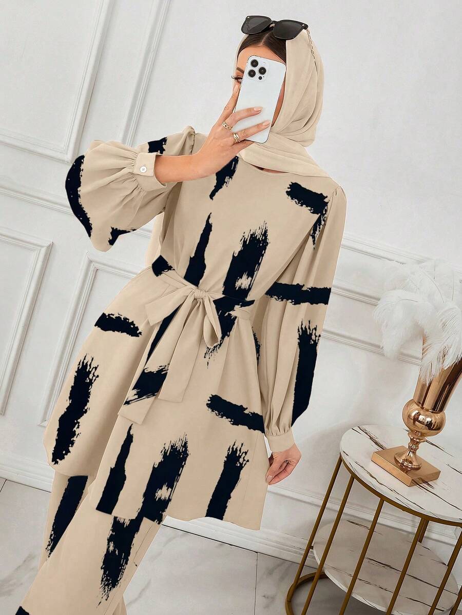 Conjunto de pantalones y blusa de manga larga con estampado total y cinturón, estilo árabe, para vacaciones de primavera