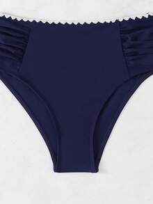 时尚女士高腰比基尼套装，吊带背心式上衣，荷叶边装饰和撞色包边，中等弹力泳装 - 藍色 - 查看 8