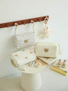 1pc Quilted Stroller Hanging Bag, Embroidered Bear Maternity Diaper Bag, Newborn Gift - Multicolor - View 6