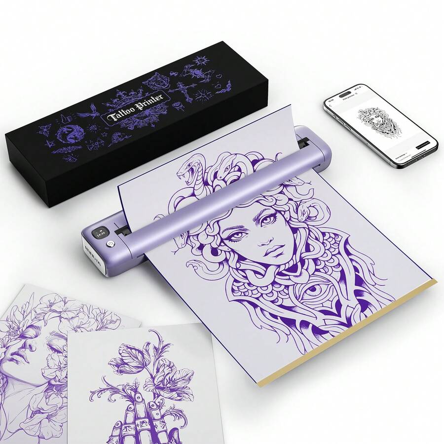 RONGTA F81s Tattoo Stencil Printer, Comes With 5 Free Tattoo Papers, Compatible With Phone/Computer/Tablet, 203DPI High-Definition Inkless Printing, Suitable For Studios/Beginners, Tattoo Machine, Portable Tattoo Machine - Purple - View 1