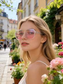 Gradual Pink Women's Fashion Glasses, Spring Retro Pilot Silver Glasses, Y2K Street Glasses Fashion Matching, Summer Beach Travel Vacation Outfits, Autumn And Winter Accessories. - Multicolor - View 5