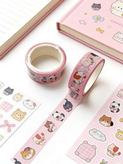 1 pieza Cinta Washi de Familia de Gatos, Cinta Decorativa Creativa para Scrapbooking, Cinta Adorable para Planificador, Manualidades de 5m de Longitud