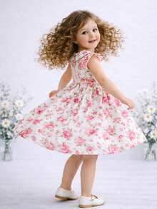 Vestido Menina Estampa Flores Delicadas Gola Boneca Clássica Babados Mangas Curtas Pompom Elegante Rodado Algodão Confortável Macio Tecido Premium Festa Aniversário Batizado Eventos Especiais Visual Encantador Moda Infantil Estilo Princesa Casual Chic Primavera Verão Roupas Meninas Conforto Meigo Look Blogueirinha Fotografia Passeio Presente Perfeito Charmoso Estiloso Estampado Floral - Rosa chiclete - Visão 4