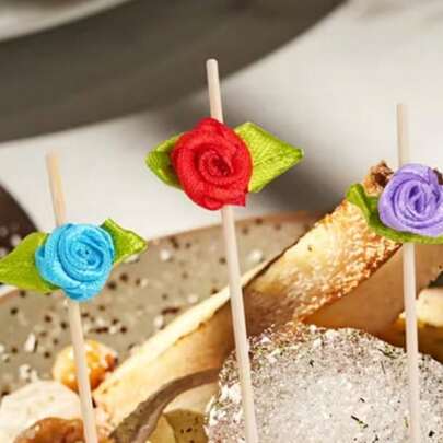 Charming Rose-Shaped Skewer Set, Includes Fruit Forks, Bamboo Picks, Cocktail Sticks, Ideal For Anniversary, Cake, Desserts, Salads, Sandwiches And Other Food Displays, Perfect For Hotels, Restaurants And Parties