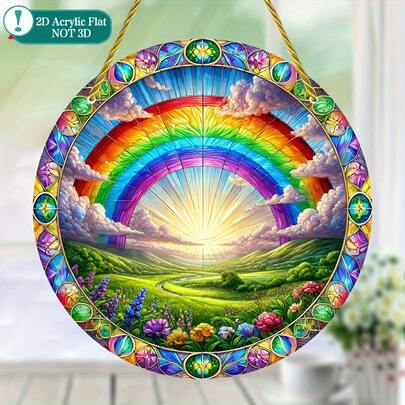 2D平面印刷，1个彩虹谷圆形阳光捕捉器 - 彩色玻璃风格亚克力墙饰/摆件，充满活力的花卉彩虹设计，适用于圣诞节、万圣节、复活节、感恩节家居装饰，乔迁新居礼物，节日房间装饰，阳光设计，多色装饰品