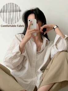 女士舒适休闲条纹通勤优雅纽扣衬衫 - 长袖，适合春、夏、秋季穿着，春夏秋新款，畅销款式 - 白灰條 - 查看 1