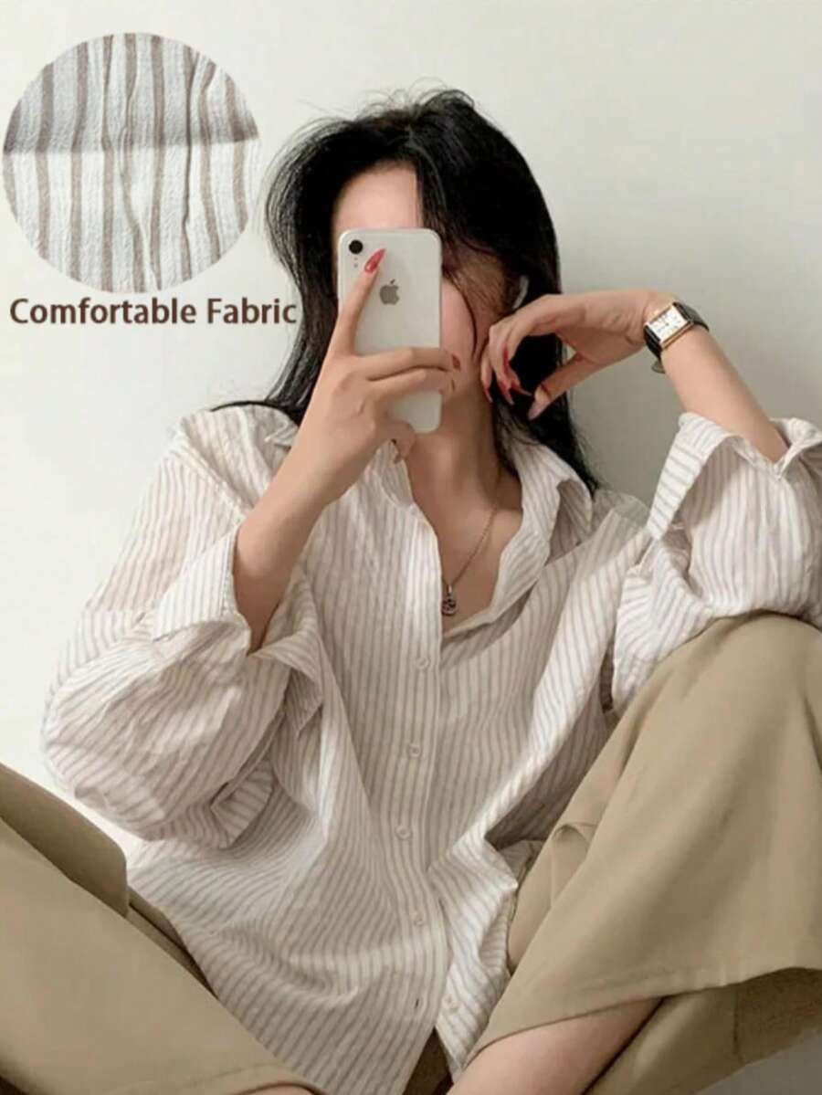 女士舒适休闲条纹通勤优雅纽扣衬衫 - 长袖，适合春、夏、秋季穿着，春夏秋新款，畅销款式 - 白灰條 - 查看 1