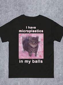 Camiseta Gráfica Humorística para Hombre con Diseño de Gato y la Frase "Como Cemento" - Negra, Cuello Redondo, Lavable a Máquina, Corte Regular para Ropa Casual - Negro - Ver 1