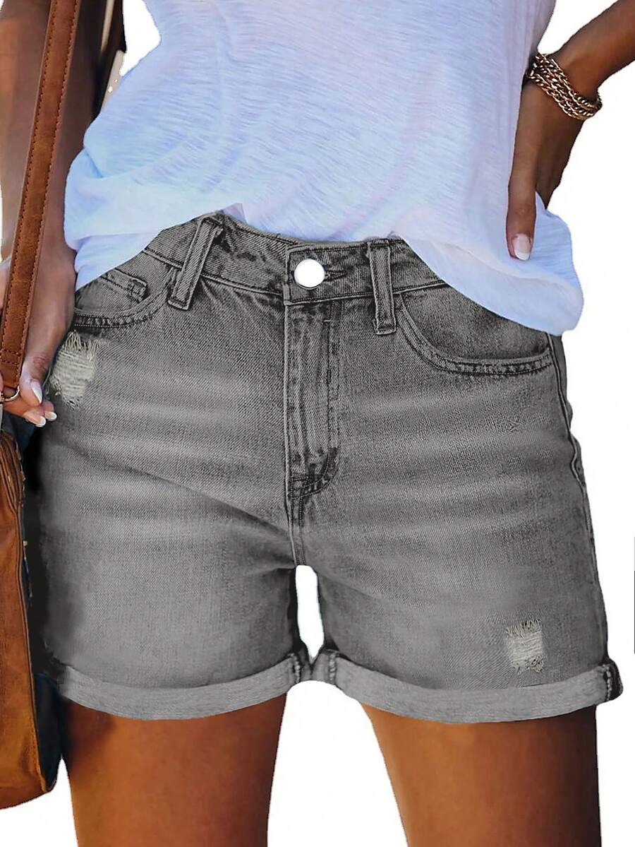 Women's Casual Loose Solid Color Cuffed Denim Shorts, Versatile For Daily Wear Summer - Light Grey - View 1