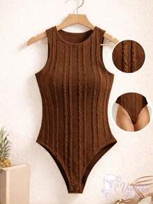 Women's Ribbed Sleeveless Bodysuit With Round Neck, Perfect Fit, Casual, Knitted Cable Knit, Vacation, Beach - 鏽棕色 - 查看 2