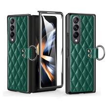 ALuoQ Fashion Plaid Leather Ring Grip Phone Case With Tempered Glass Lens Protector, Compatible With Samsung Galaxy Z Fold 2/3/4/5/6/7, Shockproof Protective Cover - Green - View 14