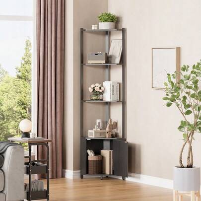 LIZHOUMIL Space Saving 5 Tier Corner Shelf Stand 57 Inch Modern Storage Rack Organizer Freestanding Bookshelf For Living Room Bedroom Kitchen Sturdy Metal Frame Wood Shelves Aesthetic Corner Display Rack