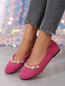 Zapatos de unicolor elegantes, para uso en la oficina, decorados con rhinestones y perlas, adecuados para todas las estaciones - Rosa Fucsia - Ver 2