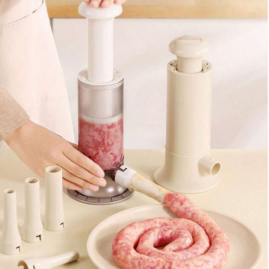 1 pieza Embutidora manual de salchichas con 4 embudos diferentes - Embutidora de salchichas con manivela, herramienta de relleno de salchichas para la cocina del hogar, molinillo de carne de plástico duradero para salchichas caseras, sin necesidad de electricidad, fácil de usar y limpiar, disponible en 2 colores - Multicolor - Ver 1