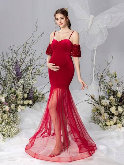 Faeriesty Elegant Maternity Thin Spaghetti Strap Bubble Sleeve Floor-Length Party Gown For Women | Sequined With Shimmering Sparkle (Glittering Accentuation), Velvet Bodice With Bodycon Fit, Tulle/Sheer Mesh Fishtail Hem With High Slit, Prefect For Spring Weddings, Mother's Day Celebrations