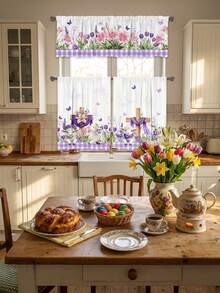 1/2/3 piezas - Cenefa de ventana a cuadros de Pascua, cortina corta con estampado floral de huevos de conejo, cenefa de estilo campestre de Pascua, decoración de ventana de poliéster para cocina y dormitorio - Ver 7