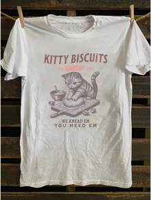 Women'S Kitty Biscuits Graphic T-Shirt - Cute Cat & Biscuit Print With "We Bake Em" Slogan, Soft Breathable Crew Neck Short Sleeve Top, Casual Casual Attire For Cat Lovers & Baking Enthusiasts, All-Season Fit Tee - 黑色 - 查看 1